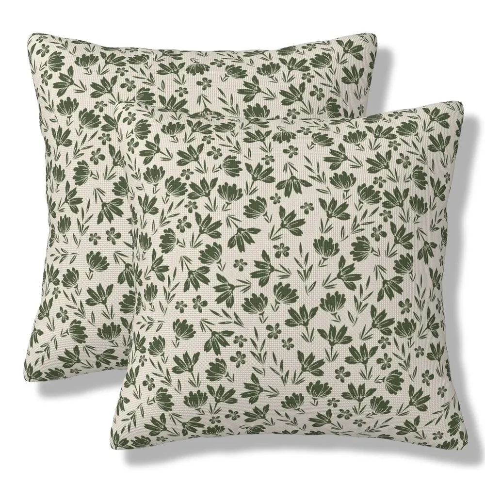 Set of 2, 18x18 Inch, Olive Green Floral Throw Pillow Covers